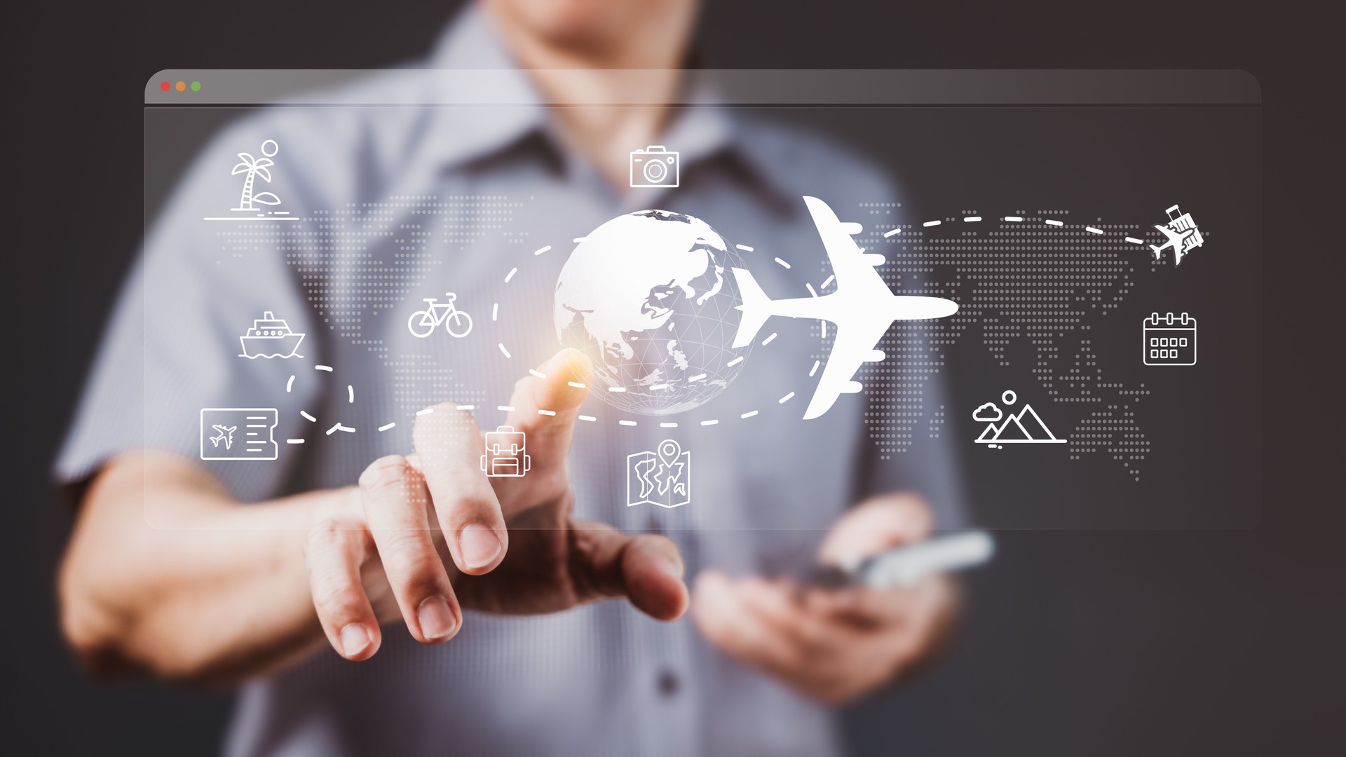 Businessman tapping virtual world map with airplane icons for smart global travel planning and digital tourism interface