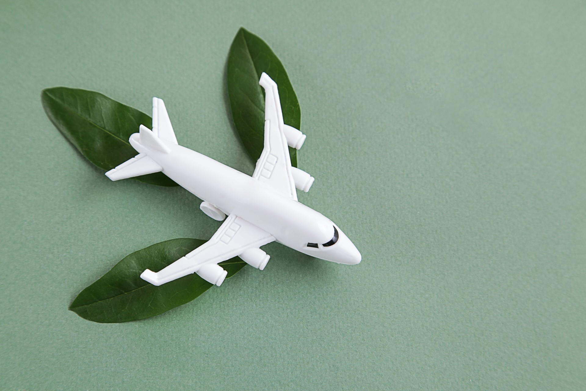 White airplane model emitting fresh green leaves on green background. Sustainable travel, clean and green energy, biofuel for aviation industry concept.